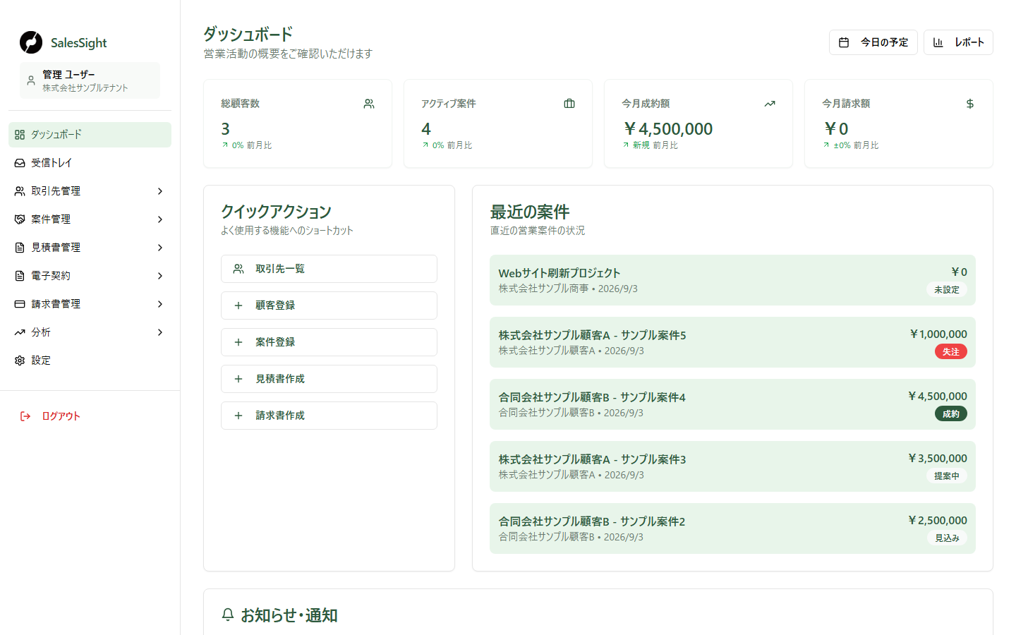 ログイン後のダッシュボード。左側に受信トレイ、取引先管理、案件管理、見積書管理、電子契約、請求書管理、分析、設定のメニューが並んでいます。